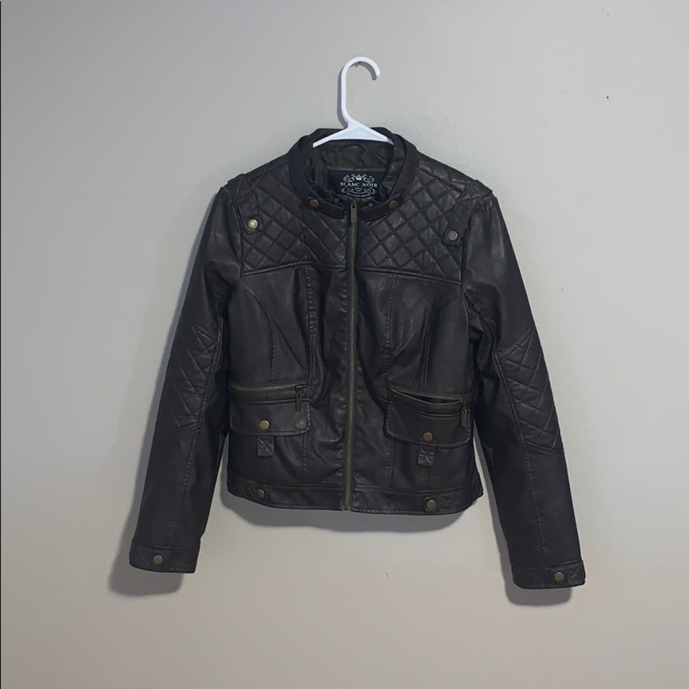 Blanc Noir Black Leather Zip-Up Jacket- Large